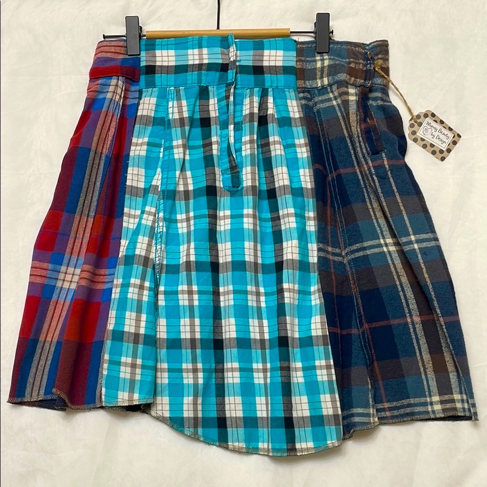 NWT Upcycled Handmade Red, Turquoise & Navy Mini Skirt Made of 4 Men’s Shirts! M